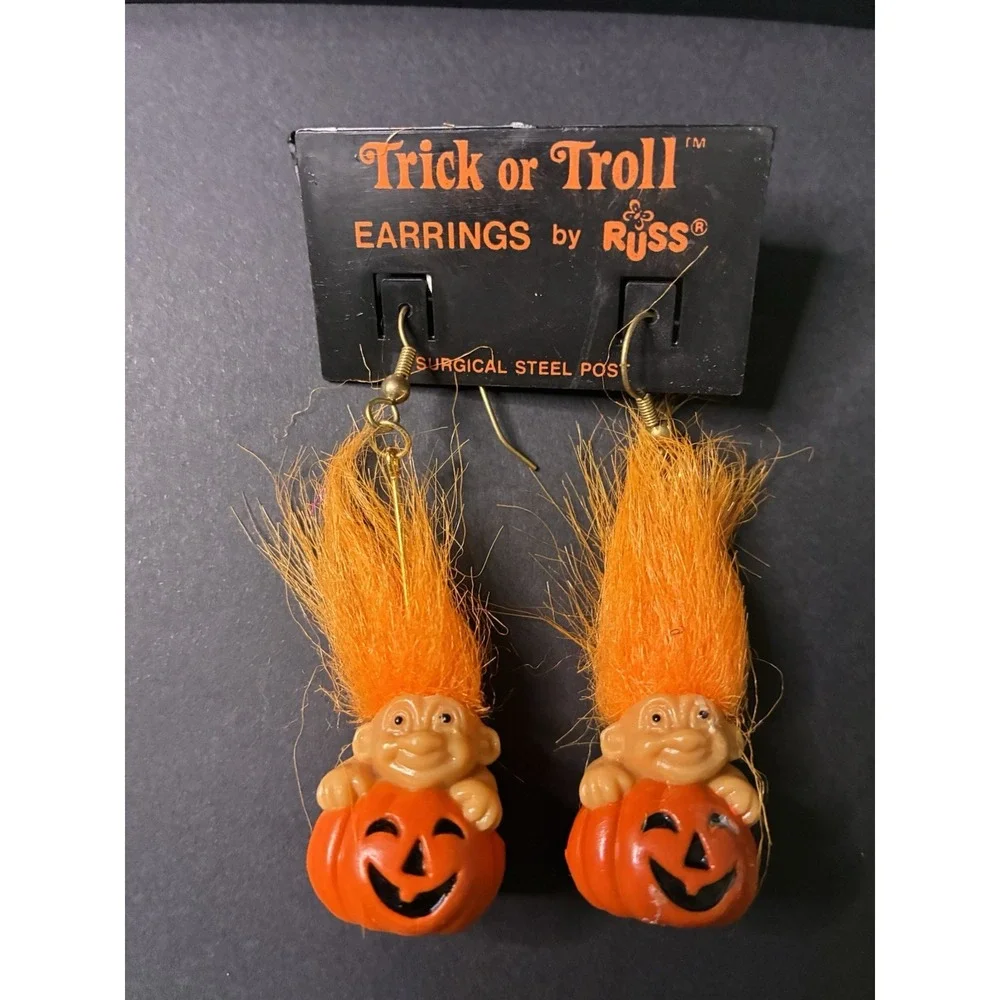 VTG Halloween Troll Doll Earrings RUSS Pumpkin Jack O Lantern Pierced Dangle y2k